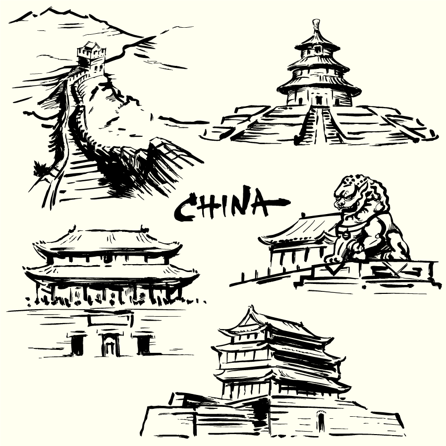 Chinese classical architecture element hand-painted graffiti style -Illustrations Vectors ESP