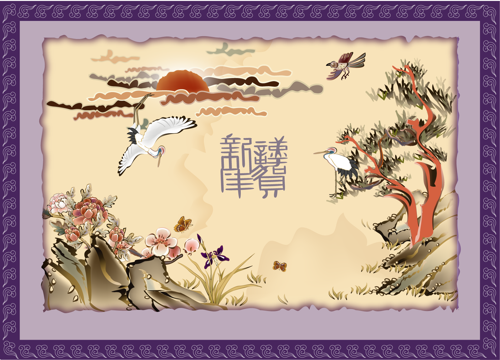Traditional ink painting background - Red-crowned Crane - Illustrations Vectors AI Free Download