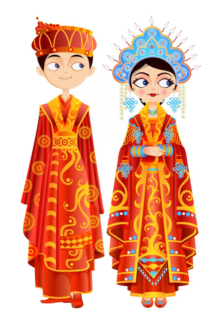 The traditional Chinese wedding ceremony the bride and groom cartoon