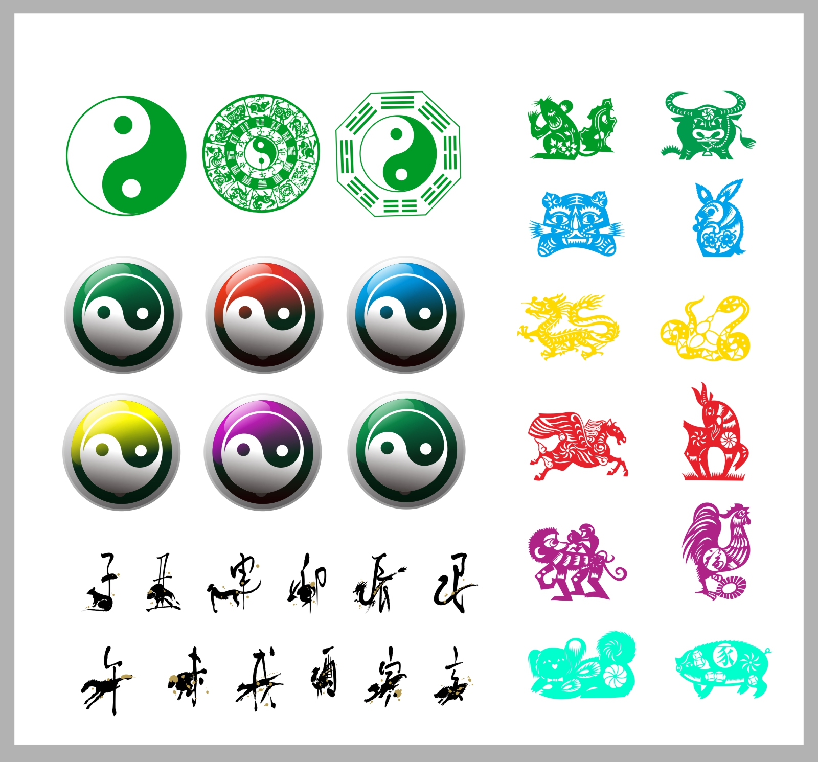 Chinese tai chi gossip pattern and zodiac pattern Illustrations Vectors CDR Free Download