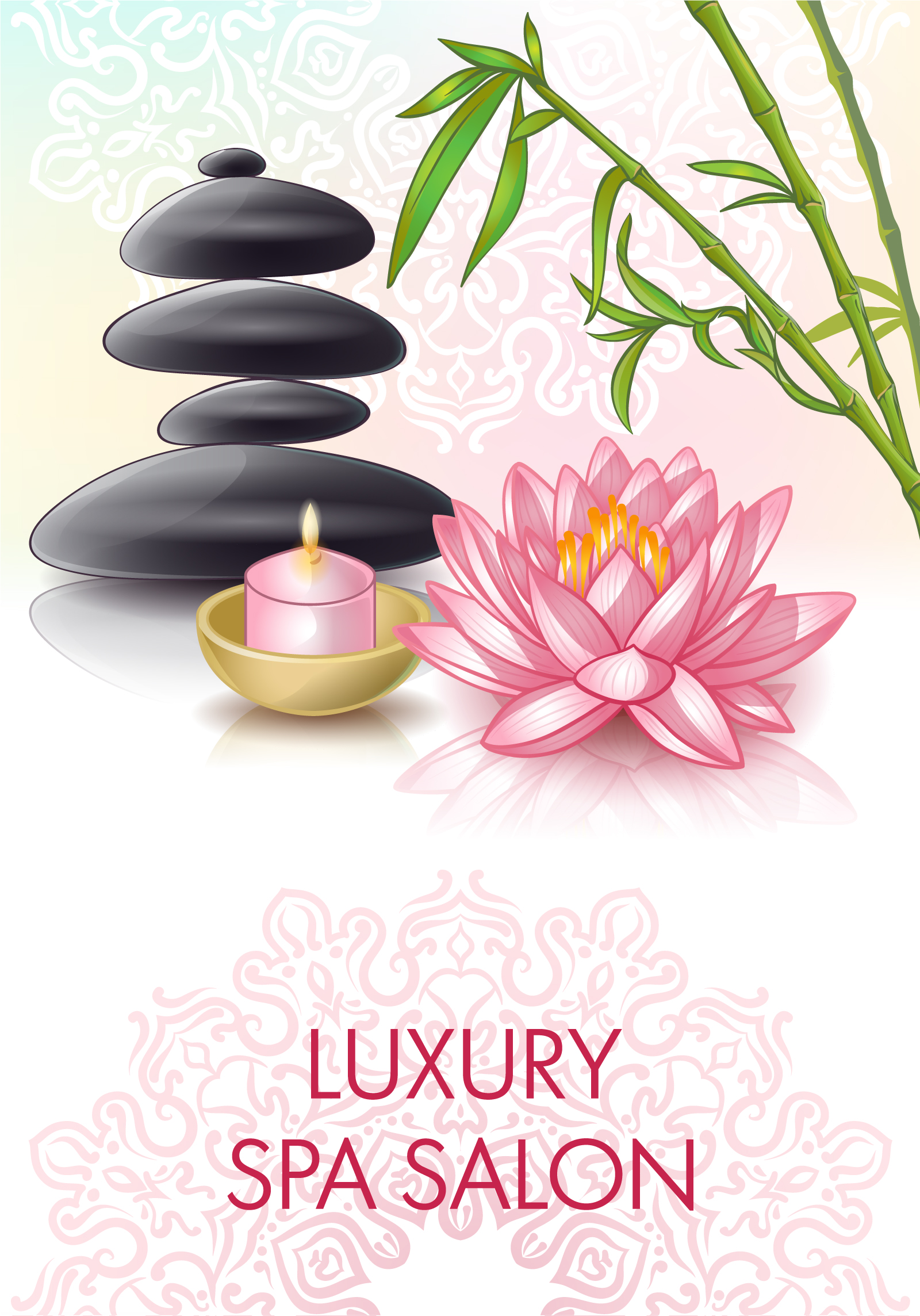 Pebbles, lotus, candles, bamboo Illustrations Vectors AI ESP