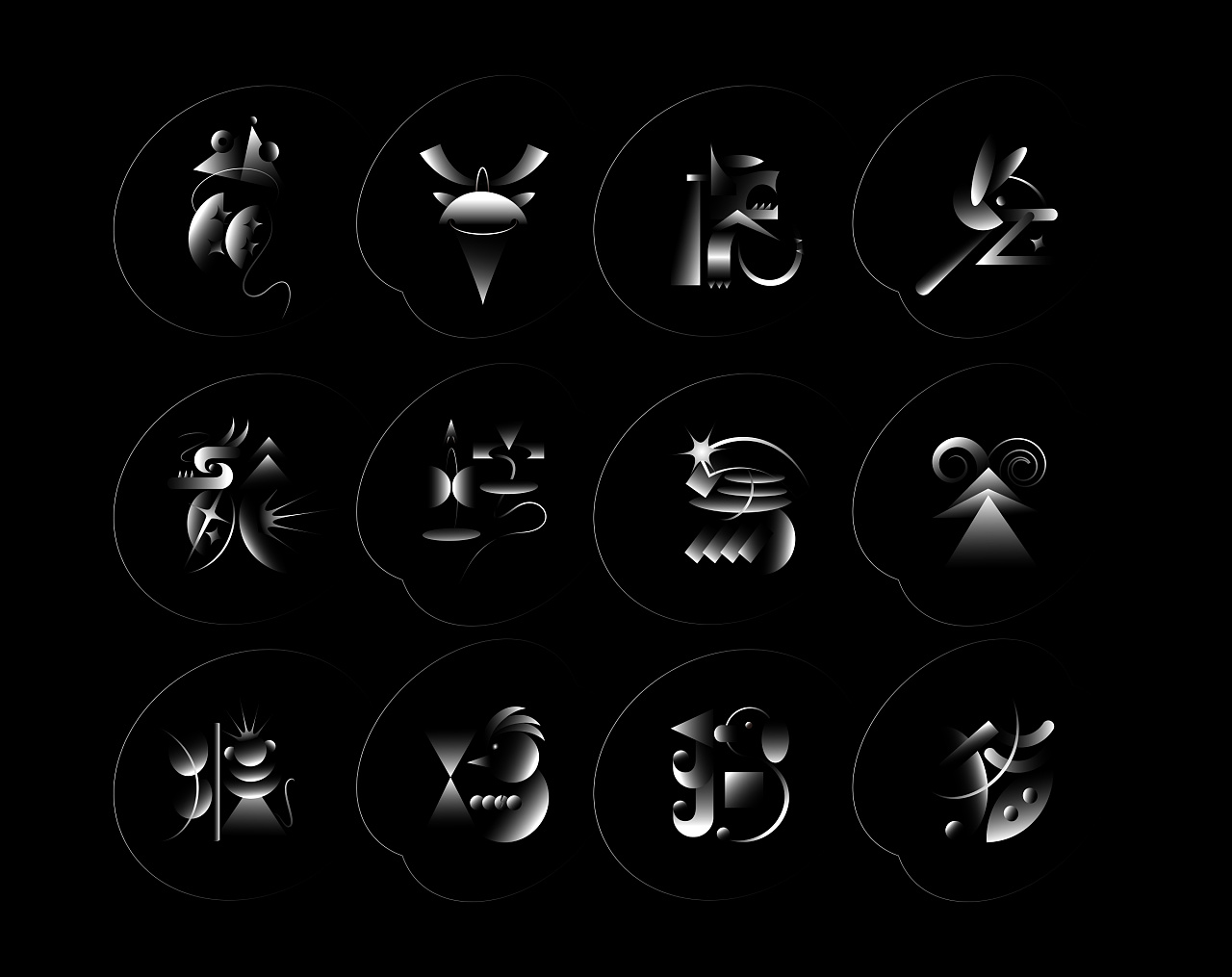 The design of twelve zodiac fonts, which combines the lifelike form and verve into one.